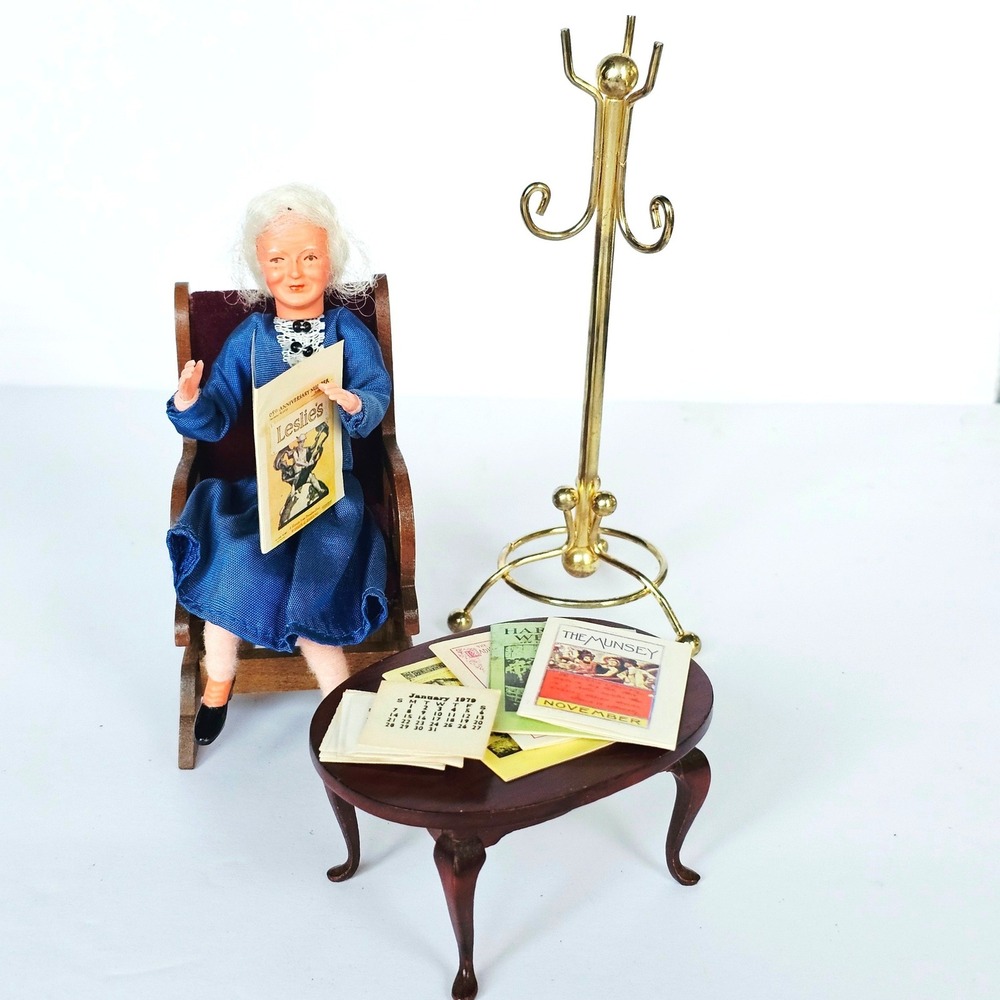 Vtg Dollhouse Furniture Set Table Coat Rack Magazines 1979 Calendar Victorian
